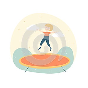 Blonde boy jumping on trampoline with joy, happy child playing outdoors. Fun childhood activity and playtime vector