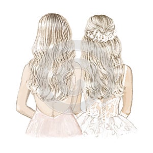 Blonde Bride and Bridesmaid. Hand drawn Illustration