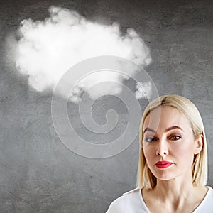 Blonde business woman with empty cloud over head.