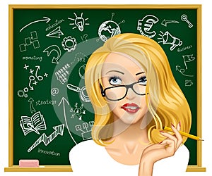 Blonde business woman in glasses near the blackboard