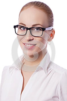 Blonde business woman manager worker in glassess smile. isolated