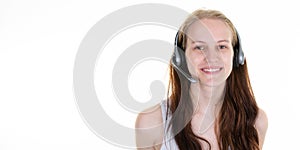 Blonde call center woman portrait support phone operator girl in headset isolated on white