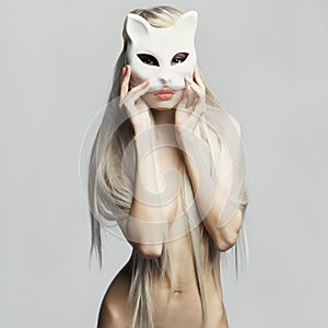 blonde in cat mask