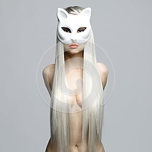 blonde in cat mask