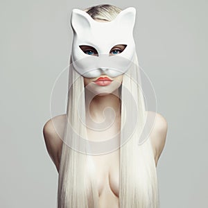 blonde in cat mask
