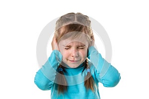 Blonde caucasian young girl closing ears with hands, suffering from noise. Isolated over white background