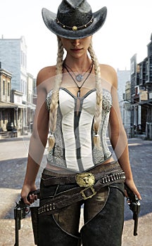 Blonde cowgirl walking the streets of a western town armed with two revolvers.