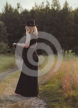 Blonde European attractive lady in Boho style