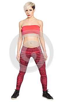 Blonde fitness woman hair fashion model on white background. PNG available