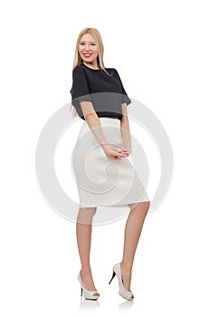 Blonde girl in black skirt isolated on the white