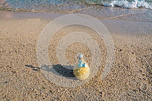 A blonde girl in blue swimming suit sitting on a marine sponge on a sandy beach facing the sea. Minimal romantic summer holidays