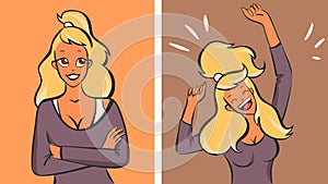 Blonde girl calm then very happy, vector illustration, pastel colors