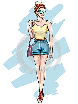 Blonde girl in fashionable clothes. Hand drawn young woman with blond hair in sunglasses, fashion summer shorts sketch