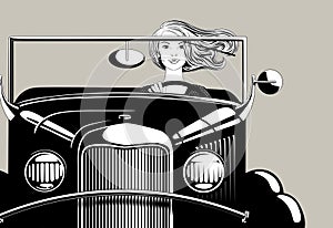 Blonde girl with flowing hair driving a retro car