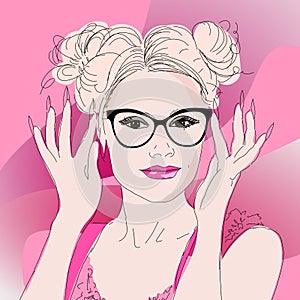 Blonde girl with glasses with pink lipstick and long nails, portrait, vector drawing