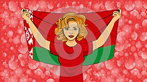 blonde girl holding a national flag of Belarus