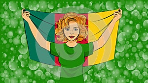 Blonde girl holding a national flag of Cameroon