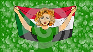 Blonde girl holding a national flag of Sudan