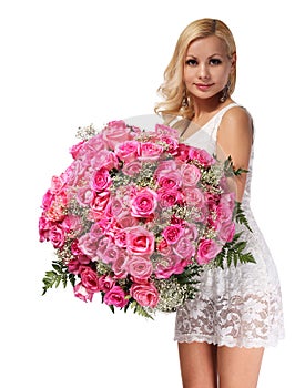 Blonde Girl with Huge Bouquet of Roses. Beautiful Young Woman