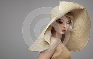 Blonde girl in a large wicker beach hat with wide brim.