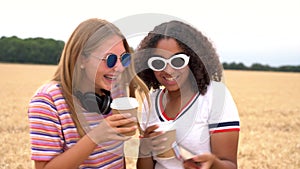 Blonde girl and mixed race teenager drinking coffee and taking selfies on their smart phones for social media