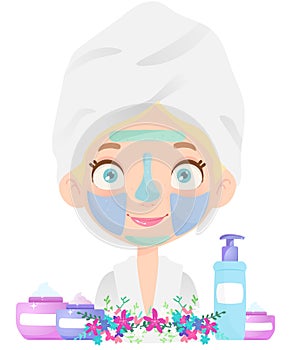 Blonde girl with multiple facial masks on