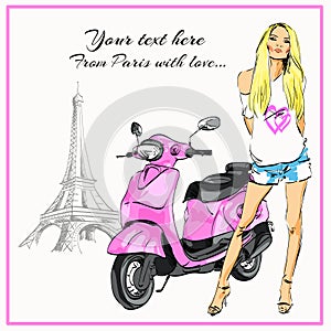 Blonde girl pink bike Paris