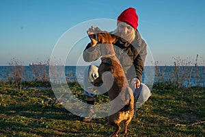 A blonde girl with a purebred dog from the shelter. Playing with a dog on the seashore. Friendship of a dog and a person