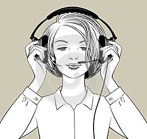 Blonde girl puts on headphones with a microphone