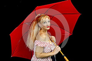 Blonde Girl with Red Umbrella