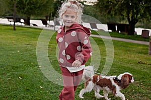 Blonde Girl Running and Playing with playful Spaniel Pet Outdoors On green grass. Candid moment Happy child with dog in