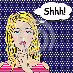 Blonde girl says Shhh pop art comics style, vector retro woman putting her forefinger to her lips for quiet silence