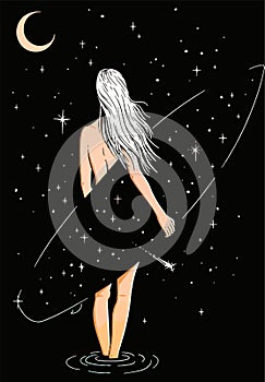 Blonde girl with a surfboard on the background of the night starry sky