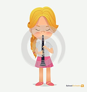 Blonde Girl Tress in Pink Skirt Play on Trumpet photo