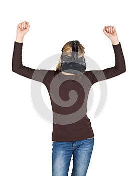 Blonde girl using VR - virtual reality headset