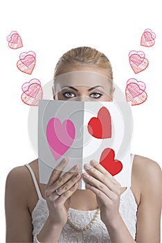 Blonde girl with valentine postcard forward the face