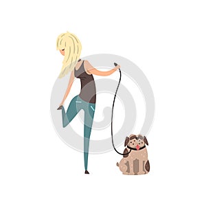 Blonde girl walking her pug dog vector Illustration on a white background