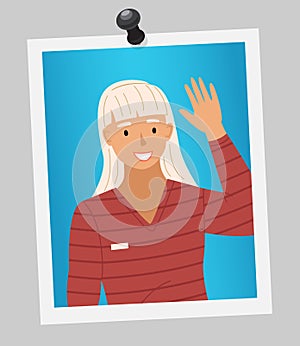 Blonde girl is waving her hand. Female character shows greeting gesture vector illustration