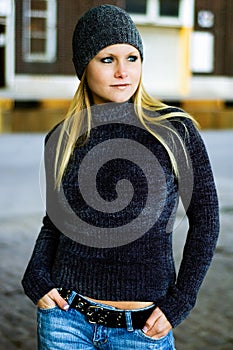 Blonde Girl in Winter Sweater & Hat