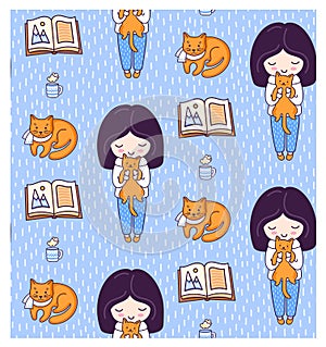 Blonde girls, books, ginger cats, kittens and tea cup. Vector illustration for kids, children, babies.
