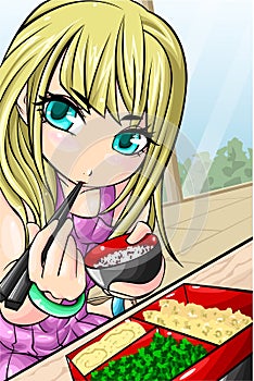 Blonde hair girl with bento and chopsticks