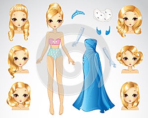 Blonde Hair Set Of Blue Paper Doll