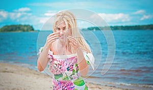 Blonde hair woman portrait at good sunny day