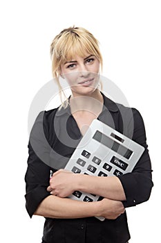 Woman with large calculator