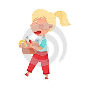 Blonde Haired Girl Character Carrying Carton Box with Food Waste for Recycling Vector Illustration