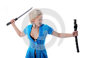 Blonde holding in her hands a katana