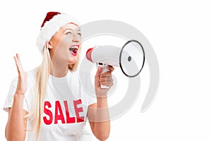 blonde holding megaphone on white background