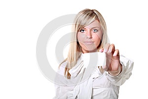 Blonde holding white blank card