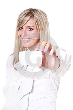 Blonde holding white blank card