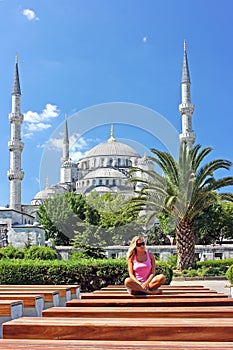 Blonde in Istanbul at the Blue Mosque